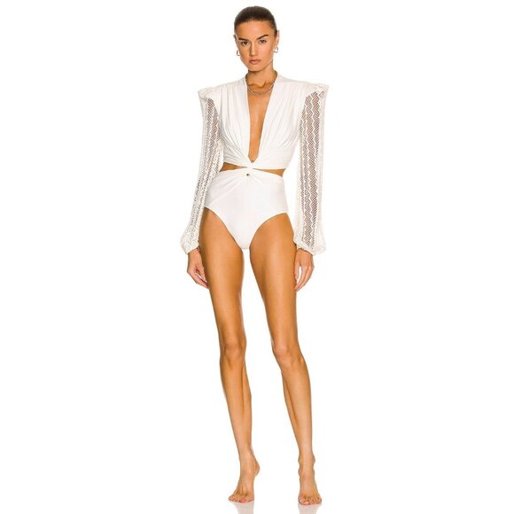 PatBO Plunge Netted Sleeve Swimsuit in White - Picture 1 of 3
